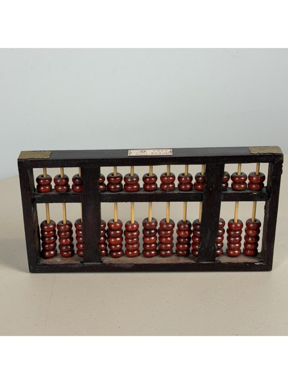 Vintage Red Lion Chinese Wooden Suanpan Abacus 13 Rod Brass Corners China